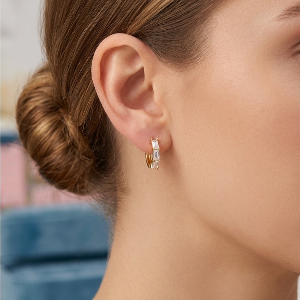 Gold Baguette Huggie Hoop Earrings - Elegant Women Jewelry